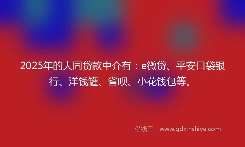 2025年的大同贷款中介有：e微贷、平安口袋银行、洋钱罐、省呗、小花钱包等。
