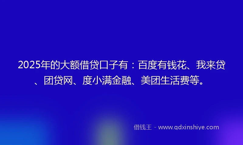 2025年的大额借贷口子有：百度有钱花、我来贷、团贷网、度小满金融、美团生活费等。