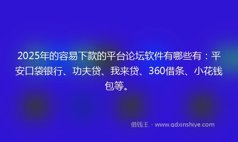 2025年的容易下款的平台论坛软件有哪些有：平安口袋银行、功夫贷、我来贷、360借条、小花钱包等。