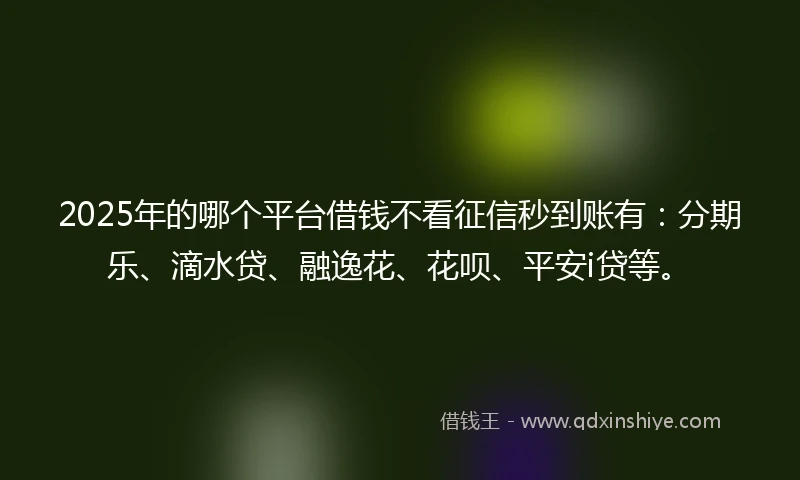 2025年的哪个平台借钱不看征信秒到账有：分期乐、滴水贷、融逸花、花呗、平安i贷等。