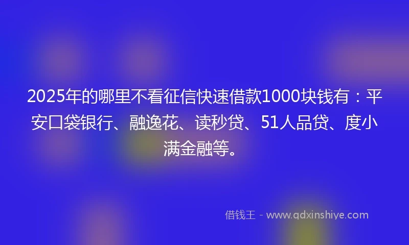 2025年的哪里不看征信快速借款1000块钱有：平安口袋银行、融逸花、读秒贷、51人品贷、度小满金融等。