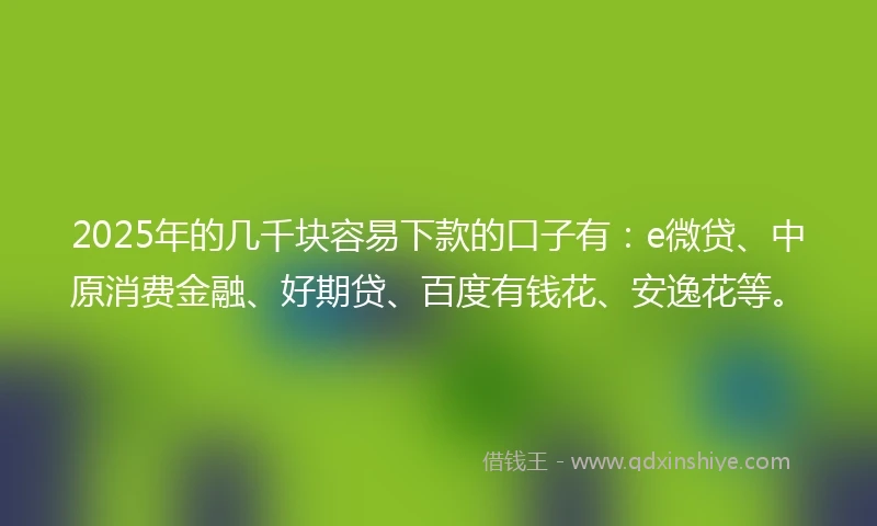 2025年的几千块容易下款的口子有：e微贷、中原消费金融、好期贷、百度有钱花、安逸花等。