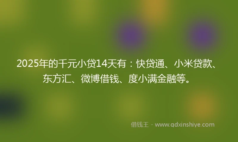 2025年的千元小贷14天有：快贷通、小米贷款、东方汇、微博借钱、度小满金融等。