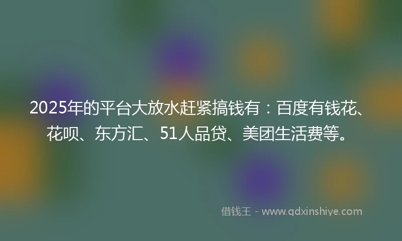 2025年的平台大放水赶紧搞钱有：百度有钱花、花呗、东方汇、51人品贷、美团生活费等。
