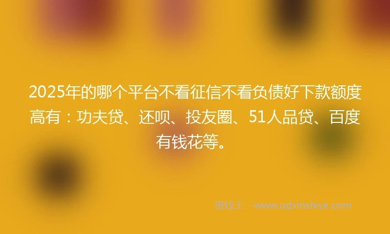 2025年的哪个平台不看征信不看负债好下款额度高有：功夫贷、还呗、投友圈、51人品贷、百度有钱花等。