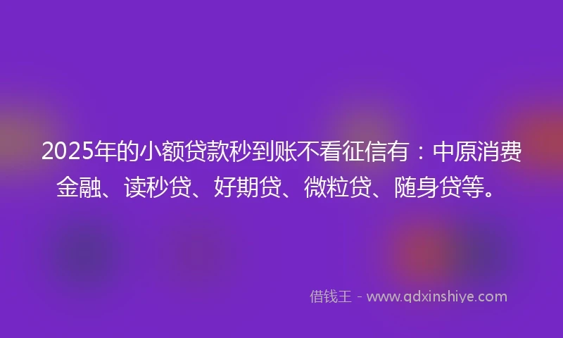 2025年的小额贷款秒到账不看征信有：中原消费金融、读秒贷、好期贷、微粒贷、随身贷等。