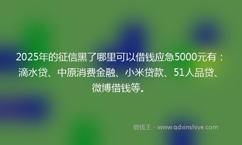2025年的征信黑了哪里可以借钱应急5000元有：滴水贷、中原消费金融、小米贷款、51人品贷、微博借钱等。