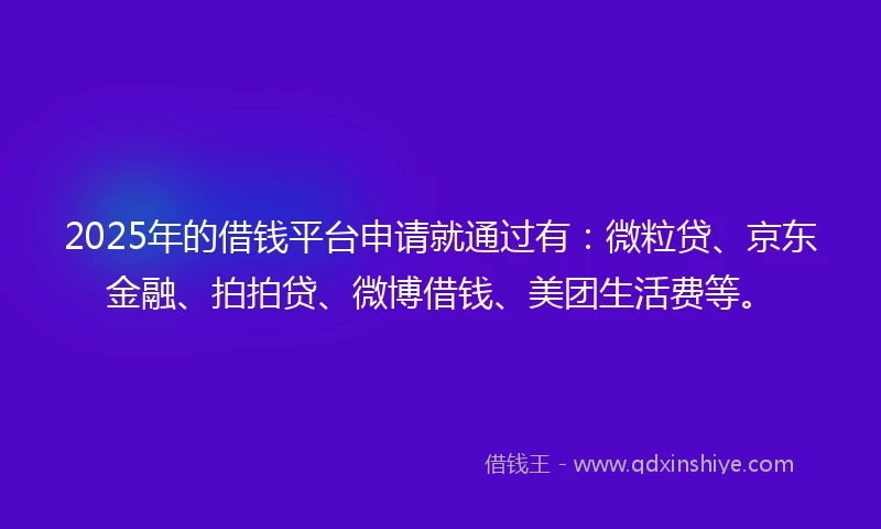 2025年的借钱平台申请就通过有：微粒贷、京东金融、拍拍贷、微博借钱、美团生活费等。