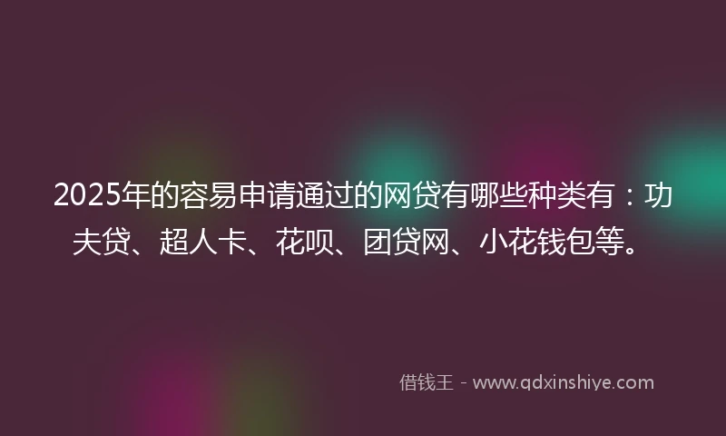2025年的容易申请通过的网贷有哪些种类有：功夫贷、超人卡、花呗、团贷网、小花钱包等。