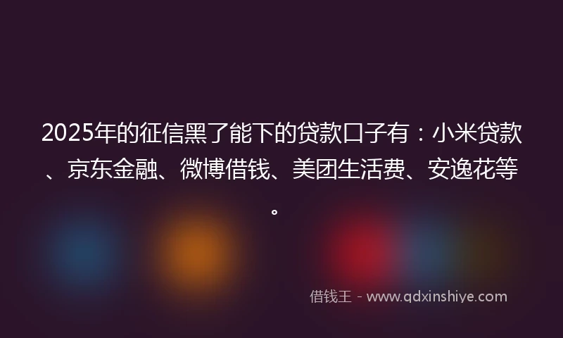 2025年的征信黑了能下的贷款口子有：小米贷款、京东金融、微博借钱、美团生活费、安逸花等。