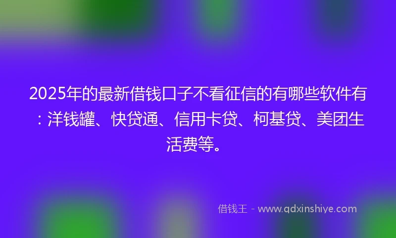 2025年的最新借钱口子不看征信的有哪些软件有：洋钱罐、快贷通、信用卡贷、柯基贷、美团生活费等。