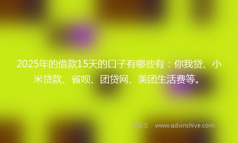 2025年的借款15天的口子有哪些有：你我贷、小米贷款、省呗、团贷网、美团生活费等。
