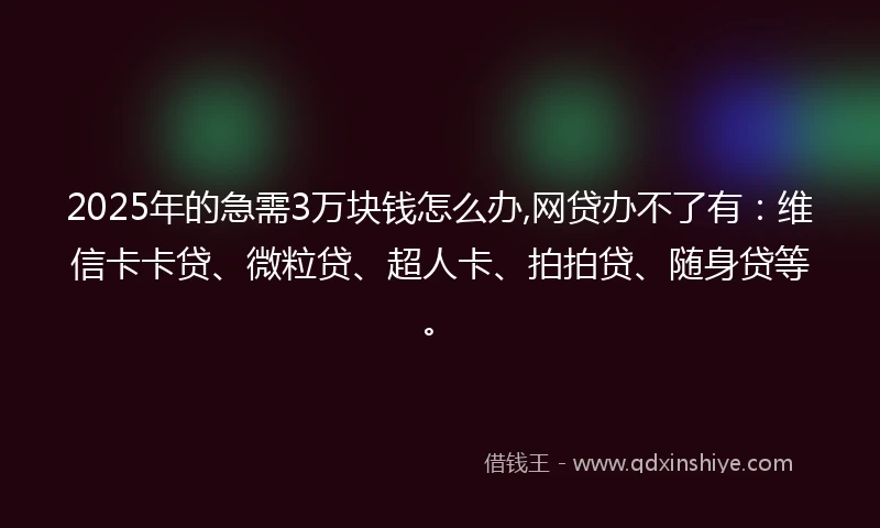 2025年的急需3万块钱怎么办,网贷办不了有：维信卡卡贷、微粒贷、超人卡、拍拍贷、随身贷等。