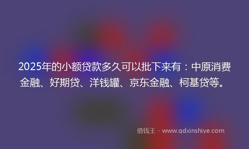 2025年的小额贷款多久可以批下来有：中原消费金融、好期贷、洋钱罐、京东金融、柯基贷等。