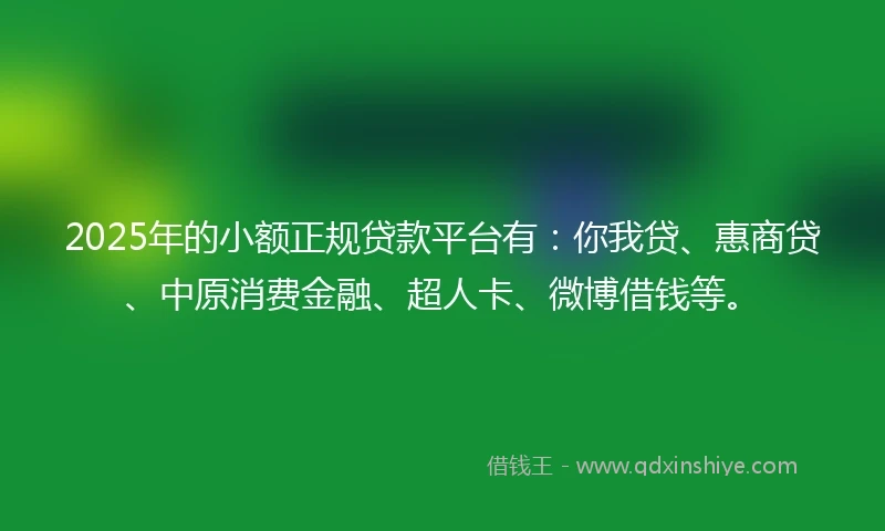 2025年的小额正规贷款平台有：你我贷、惠商贷、中原消费金融、超人卡、微博借钱等。