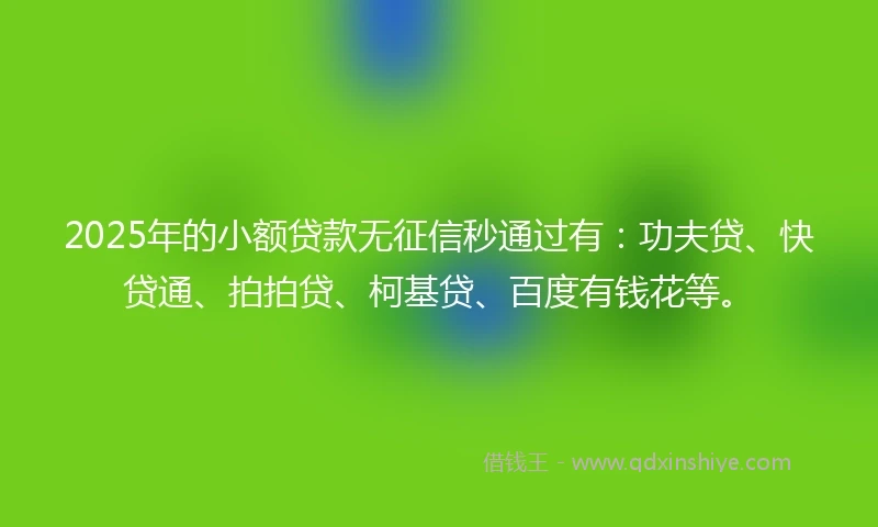 2025年的小额贷款无征信秒通过有：功夫贷、快贷通、拍拍贷、柯基贷、百度有钱花等。