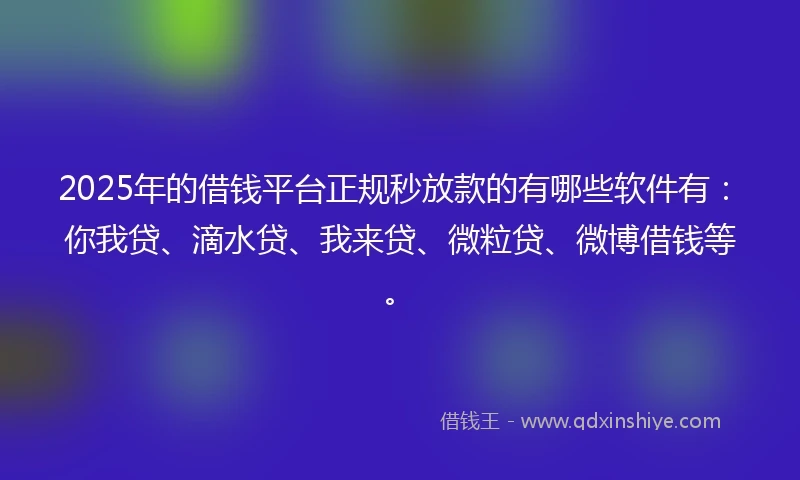 2025年的借钱平台正规秒放款的有哪些软件有：你我贷、滴水贷、我来贷、微粒贷、微博借钱等。
