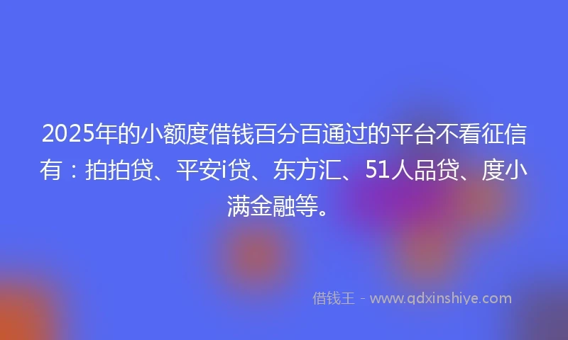 2025年的小额度借钱百分百通过的平台不看征信有：拍拍贷、平安i贷、东方汇、51人品贷、度小满金融等。