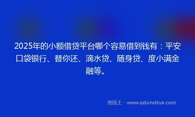 2025年的小额借贷平台哪个容易借到钱有：平安口袋银行、替你还、滴水贷、随身贷、度小满金融等。