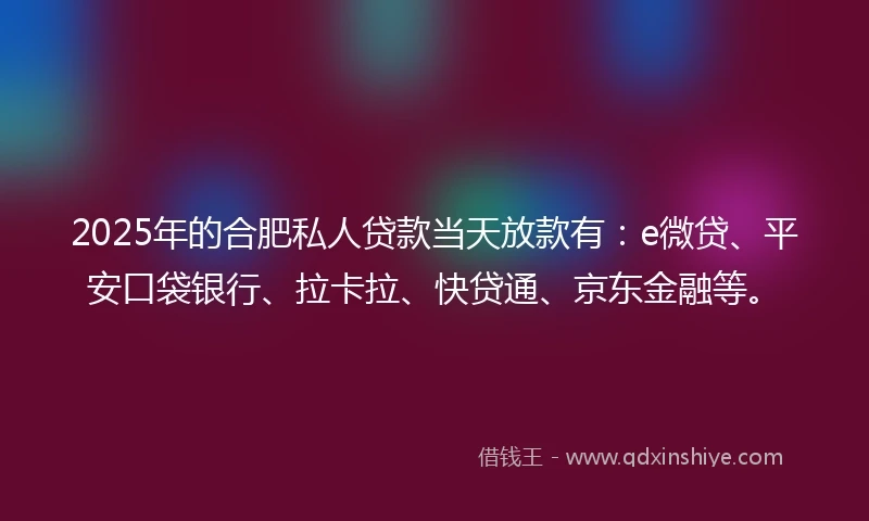 2025年的合肥私人贷款当天放款有：e微贷、平安口袋银行、拉卡拉、快贷通、京东金融等。