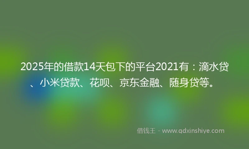 2025年的借款14天包下的平台2021有：滴水贷、小米贷款、花呗、京东金融、随身贷等。