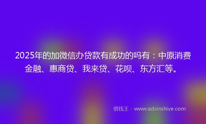 2025年的加微信办贷款有成功的吗有：中原消费金融、惠商贷、我来贷、花呗、东方汇等。