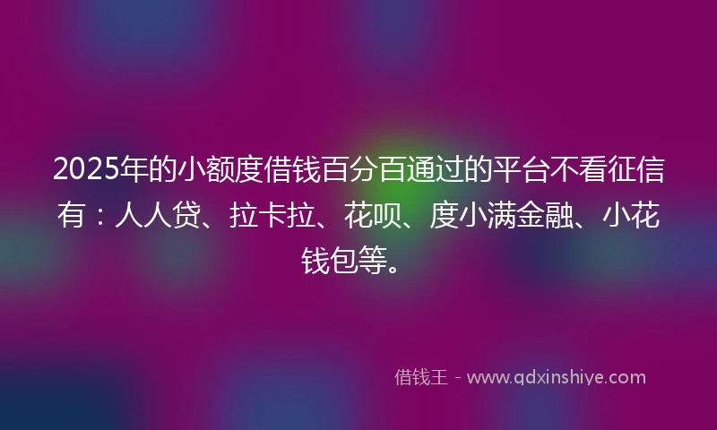 2025年的小额度借钱百分百通过的平台不看征信有：人人贷、拉卡拉、花呗、度小满金融、小花钱包等。
