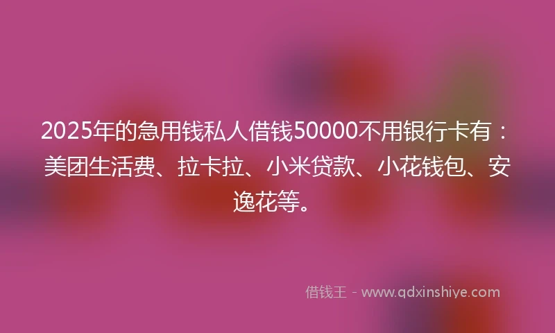 2025年的急用钱私人借钱50000不用银行卡有：美团生活费、拉卡拉、小米贷款、小花钱包、安逸花等。