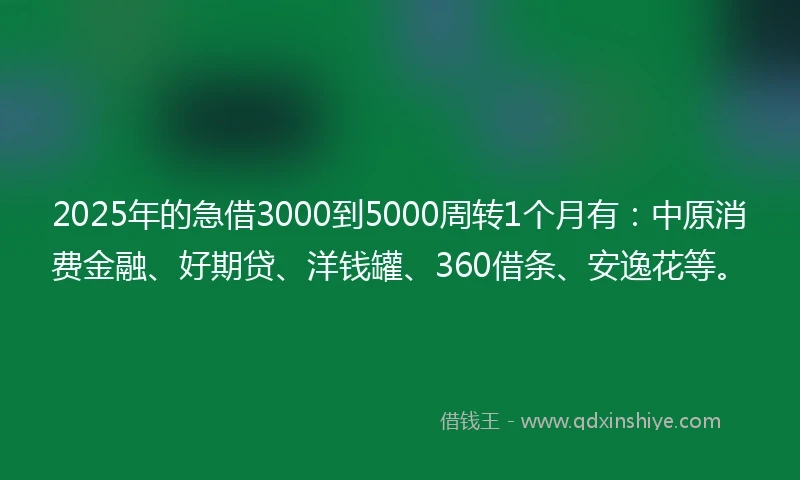 2025年的急借3000到5000周转1个月有：中原消费金融、好期贷、洋钱罐、360借条、安逸花等。