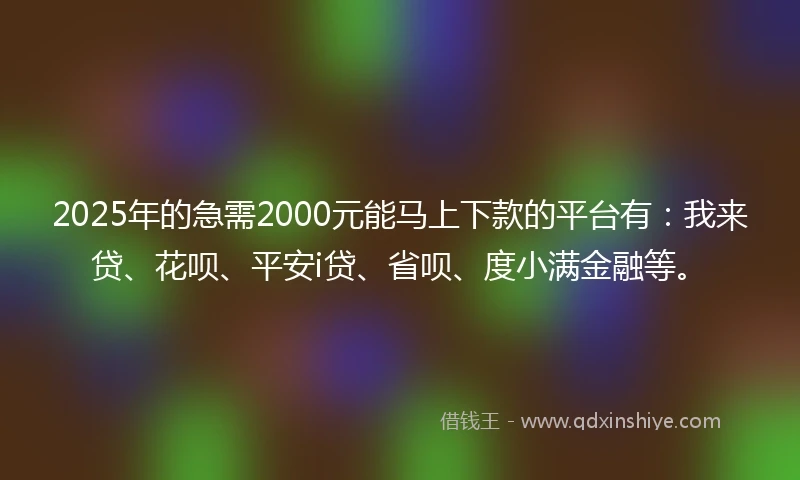 2025年的急需2000元能马上下款的平台有：我来贷、花呗、平安i贷、省呗、度小满金融等。