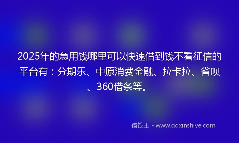 2025年的急用钱哪里可以快速借到钱不看征信的平台有：分期乐、中原消费金融、拉卡拉、省呗、360借条等。