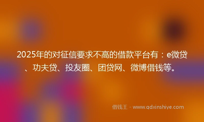 2025年的对征信要求不高的借款平台有：e微贷、功夫贷、投友圈、团贷网、微博借钱等。