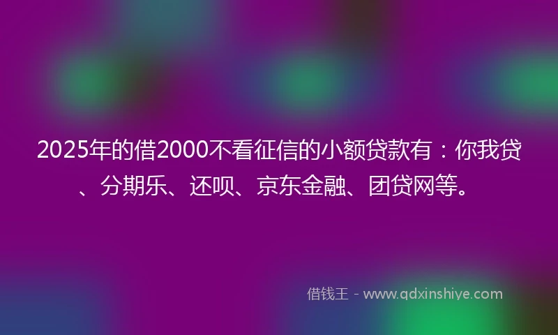 2025年的借2000不看征信的小额贷款有：你我贷、分期乐、还呗、京东金融、团贷网等。