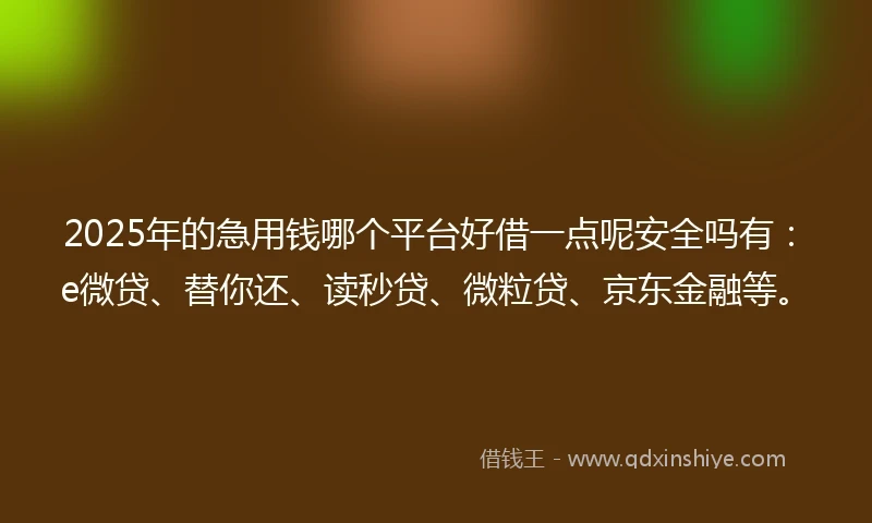 2025年的急用钱哪个平台好借一点呢安全吗有:e微贷、替你还、读秒贷、微粒贷、京东金融等。