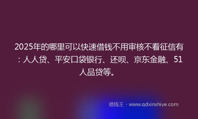 2025年的哪里可以快速借钱不用审核不看征信有：人人贷、平安口袋银行、还呗、京东金融、51人品贷等。
