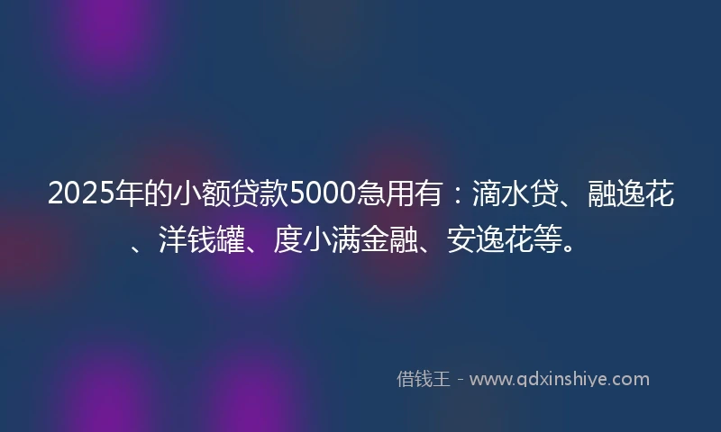 2025年的小额贷款5000急用有：滴水贷、融逸花、洋钱罐、度小满金融、安逸花等。