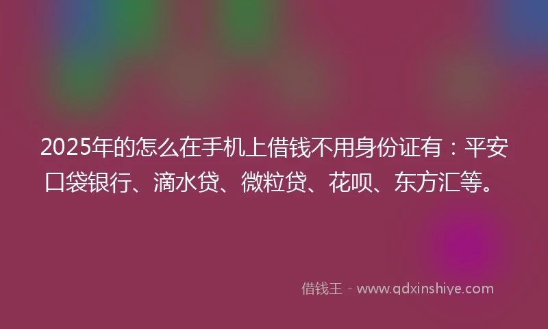 2025年的怎么在手机上借钱不用身份证有：平安口袋银行、滴水贷、微粒贷、花呗、东方汇等。