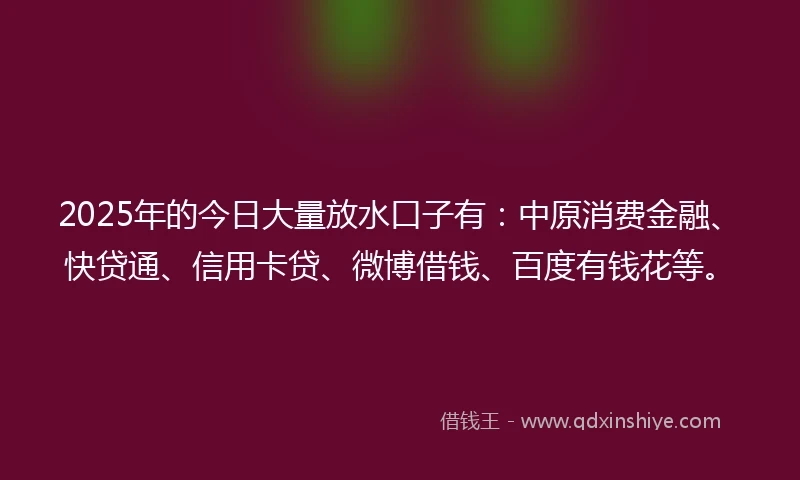 2025年的今日大量放水口子有：中原消费金融、快贷通、信用卡贷、微博借钱、百度有钱花等。