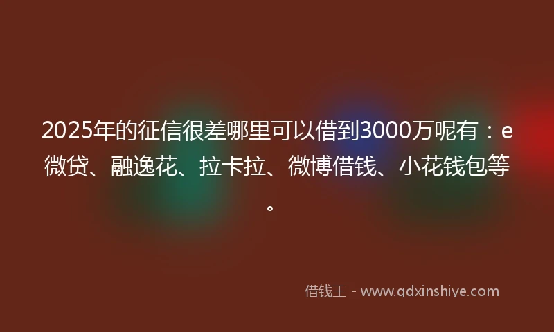 2025年的征信很差哪里可以借到3000万呢有：e微贷、融逸花、拉卡拉、微博借钱、小花钱包等。