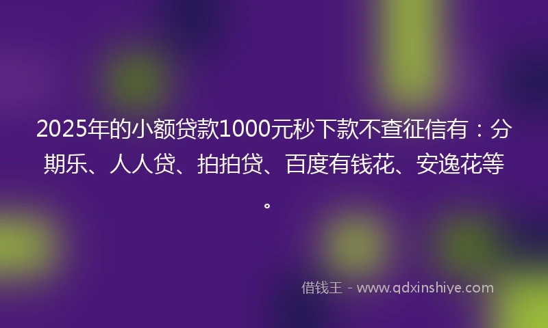 2025年的小额贷款1000元秒下款不查征信有：分期乐、人人贷、拍拍贷、百度有钱花、安逸花等。