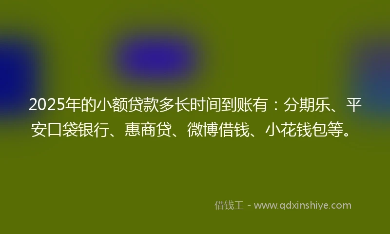 2025年的小额贷款多长时间到账有：分期乐、平安口袋银行、惠商贷、微博借钱、小花钱包等。