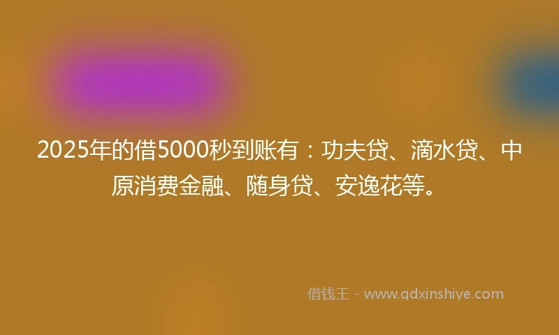 2025年的借5000秒到账有：功夫贷、滴水贷、中原消费金融、随身贷、安逸花等。