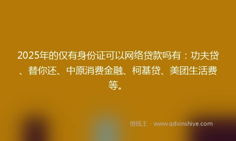 2025年的仅有身份证可以网络贷款吗有：功夫贷、替你还、中原消费金融、柯基贷、美团生活费等。