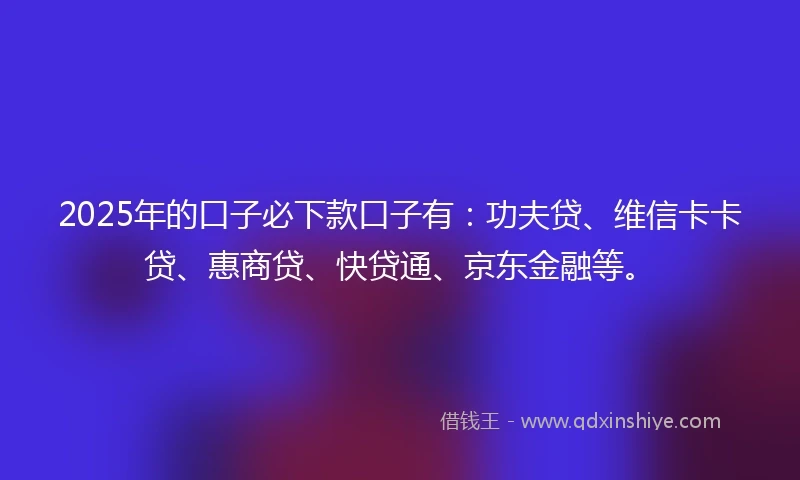 2025年的口子必下款口子有：功夫贷、维信卡卡贷、惠商贷、快贷通、京东金融等。
