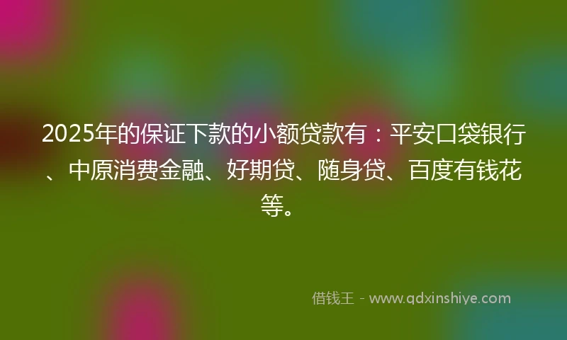 2025年的保证下款的小额贷款有：平安口袋银行、中原消费金融、好期贷、随身贷、百度有钱花等。