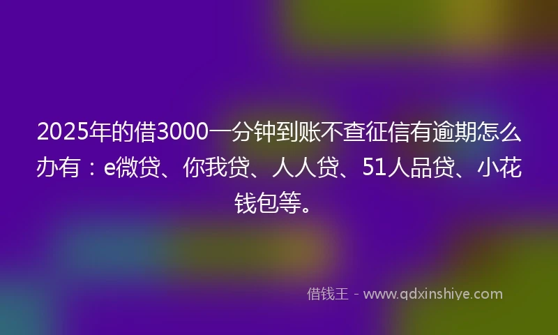 2025年的借3000一分钟到账不查征信有逾期怎么办有：e微贷、你我贷、人人贷、51人品贷、小花钱包等。