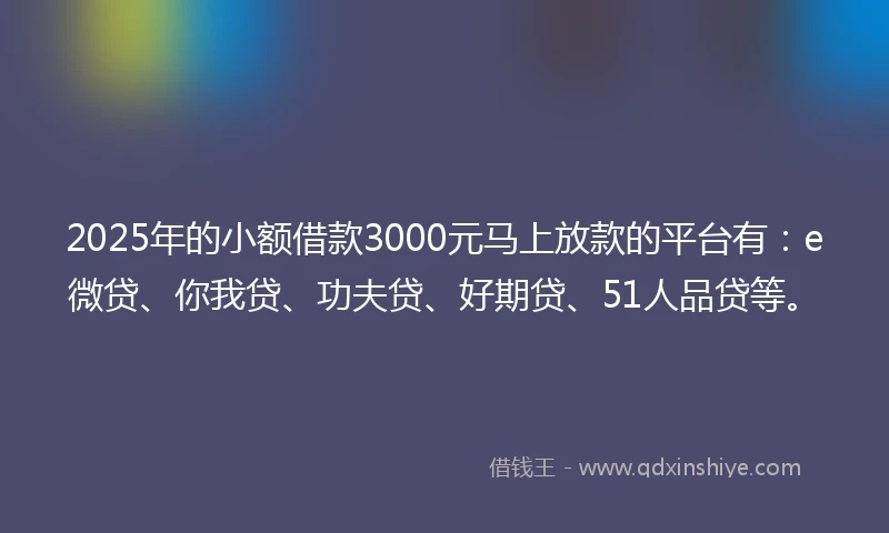 2025年的小额借款3000元马上放款的平台有：e微贷、你我贷、功夫贷、好期贷、51人品贷等。
