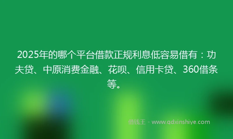 2025年的哪个平台借款正规利息低容易借有：功夫贷、中原消费金融、花呗、信用卡贷、360借条等。