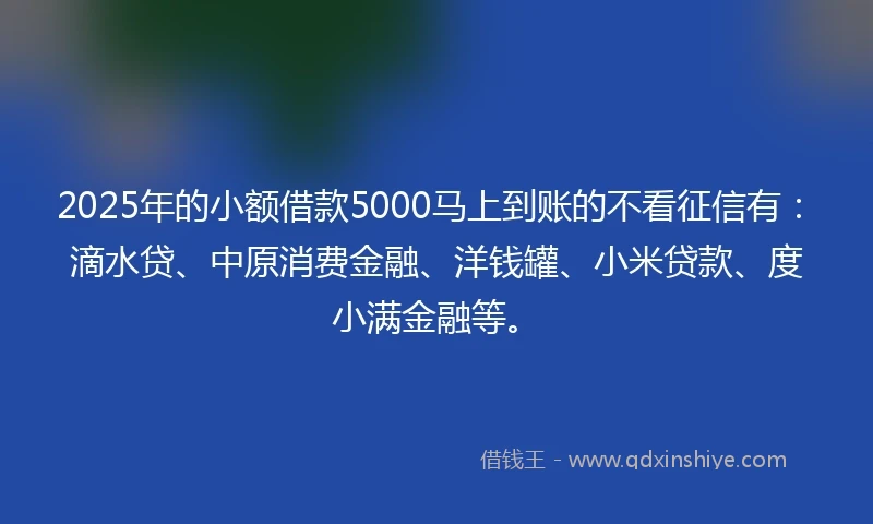 2025年的小额借款5000马上到账的不看征信有：滴水贷、中原消费金融、洋钱罐、小米贷款、度小满金融等。