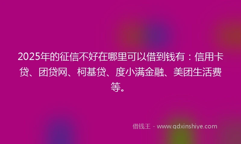 2025年的征信不好在哪里可以借到钱有：信用卡贷、团贷网、柯基贷、度小满金融、美团生活费等。